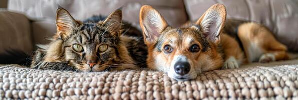 ai generado el foto muestra dos perros y un gato sentado juntos en un sofá. el mullido atigrado gato es sentado en el medio, mientras el amable perros son en cualquiera lado.