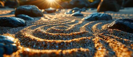 AI generated The golden light of sunset casts long shadows across a Zen garden path lined with smooth stones, creating a tranquil atmosphere photo