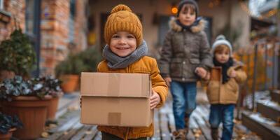 ai generado en esta foto, un Pareja de niños son en pie siguiente a varios cajas ellos Aparecer a ser comprometido en explorador o jugando alrededor el cajas foto