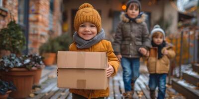 AI generated In this photo, a couple of kids are standing next to several boxes. They appear to be engaged in exploring or playing around the boxes. photo