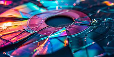 ai generado un formación de roto cds reflejando vibrante, iridiscente colores, exhibiendo un hermosa jugar de ligero en destrozado superficies foto