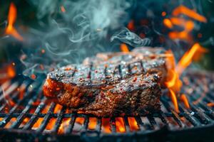 ai generado un suculento costillar filete cocineros a perfección en un llameante parrilla, sus superficie chamuscado con parrilla marcas como fumar flota arriba, capturar el esencia de parilla foto