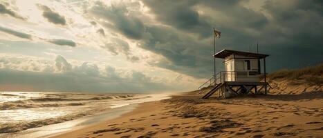 AI generated A lone lifeguard tower stands guard over a deserted beach, with photo