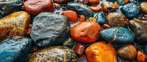 AI generated Close-up of multi-colored pebbles with fresh water droplets, highlighting their varied textures and colors photo