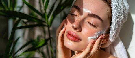 AI generated Woman with a towel wrapped around her head applying facial cream, surrounded by greenery photo