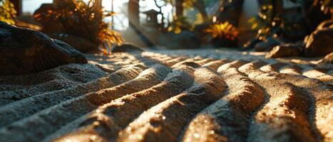 AI generated The golden light of sunset casts long shadows across a Zen garden path lined with smooth stones, creating a tranquil atmosphere photo