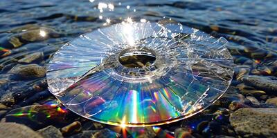 AI generated A broken CD lies amongst pebbles on the shore, its surface reflecting the sunlight in a spectrum of colors against the water photo