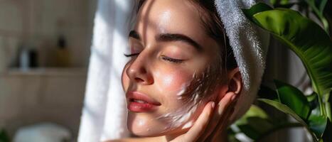 AI generated Woman with a towel wrapped around her head applying facial cream, surrounded by greenery photo