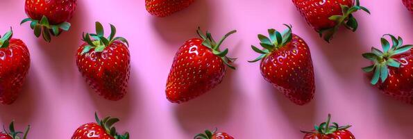 AI generated A flatlay photo featuring a vibrant arrangement of ripe strawberries on a bright pink background.