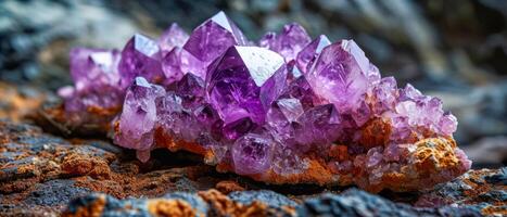 AI generated Lustrous raw amethyst crystal clusters nestled among rocks, disp photo