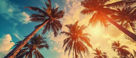 AI generated Transport yourself to a serene oasis with this vintage-inspired image capturing the beauty of palm trees against a backdrop of a stunning sunset photo