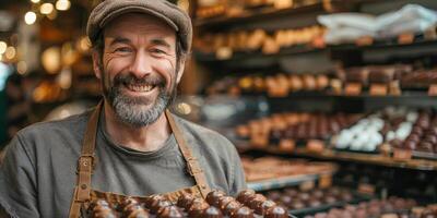 ai generado un hombre con un radiante sonrisa es visto participación un caja de chocolates en un almacenar. el hombre aparece a ser un barbado chocolate artesano, exhibiendo su hecho a mano chocolates a potencial clientes foto