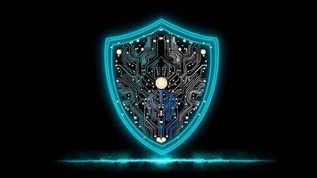 shield-shaped emblem with circuit-like patterns, glowing in multi color. technological protection or digital security. with blue line flame video