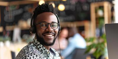 AI generated A focused male customer support employee smiling while wearing a headset in a call center setting. He appears attentive and ready to assist customers with their inquiries photo