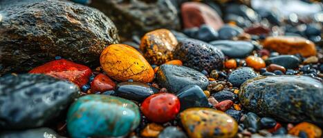 AI generated Colorful Wet Pebbles and Rocks Close-up. A vibrant collection of wet pebbles and rocks in various colors and patterns, glistening with moisture photo