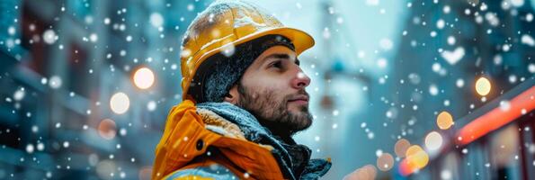 ai generado un hombre es visto vistiendo un brillante amarillo sombrero y chaqueta mientras en pie en el nieve. él aparece enfocado en un tarea o dirección. el Nevado antecedentes agrega a el frío y invernal atmósfera foto