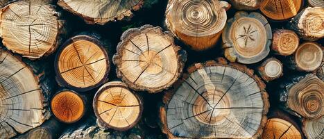 AI generated Close-up view of stacked wood logs, highlighting the intricate patterns of tree rings and textures. photo