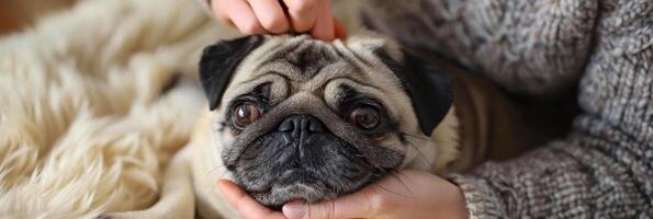 AI generated A person gently cradling a small pug dog in their hands, showing care and affection towards the pet. The dog looks comfortable and content in the persons grasp photo