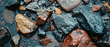 AI generated Assorted Wet River Stones with Colorful Patterns. Close-up of various colorful and textured river stones, wet and glistening, with diverse shapes and patterns. photo