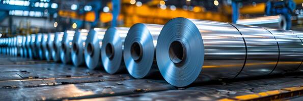 AI generated A line of steel rolls is seen in a factory setting, showcasing the industrial process of manufacturing. The rolls are neatly lined up, ready for production photo