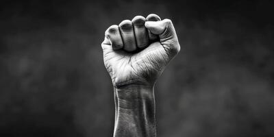 AI generated This black and white photo captures a powerful fist clenched tightly. The contrast between light and dark highlights the strength and determination conveyed by the clenched hand