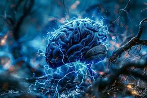 AI generated A vivid 3D illustration of a human brain surrounded by dynamic blue energy currents, symbolizing neural activity and cognitive processes photo