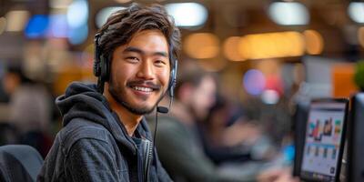 AI generated An asian engaging customer service representative, a man wearing a headset, sitting in front of a computer monitor, focused on his work photo