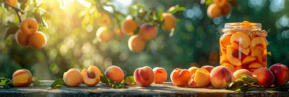 AI generated A jar filled with ripe peaches sits on top of a rustic wooden table, creating a simple yet charming scene photo