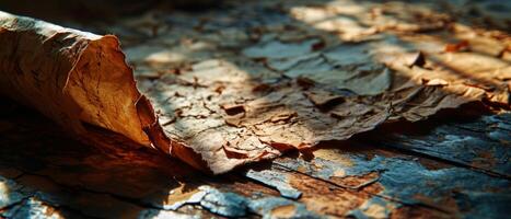 AI generated Close-up of weathered tree bark peeling off to reveal the intricate textures and patterns of aged wood photo