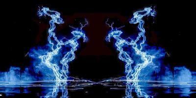 ai generado esta foto capturas un vívido azul antecedentes con múltiple eléctrico relámpago tornillos entrecruzado y superposición cada otro. el líneas crear un dinámica y sorprendentes visual efecto