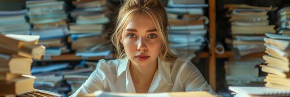 AI generated A young woman with striking blue eyes stands confidently in front of neat stacks of files, showcasing a sense of professionalism and organization. photo