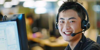 AI generated A asian man is seated in front of a computer, wearing headphones. He appears focused and engaged in an activity. The room is filled with the glow of the computer screen photo