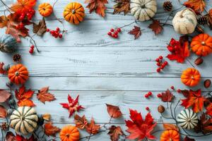ai generado miniatura calabazas entremezclar con otoño hojas y bayas en un rústico blanco de madera fondo, evocando el esencia de otoño foto