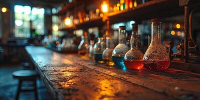 AI generated An array of Erlenmeyer flasks filled with colorful chemical solutions on a rustic laboratory bench photo