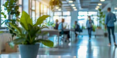 AI generated A photo of a green plant potted in a white container sitting on a desk in an office setting. The plant adds a touch of nature to the work environment