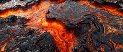 AI generated Close-up of bright, molten lava flowing between hardened volcanic rocks, exhibiting nature's raw power photo