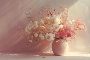 AI generated A delicate and modern floral composition in a vase, featuring a mix of dried flowers in soft pastel shades, creating a serene and artistic atmosphere with subtle shadows photo