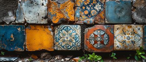 AI generated Wall of old, ornate tiles with peeling paint, showing patterns in various stages of weathering and decay photo