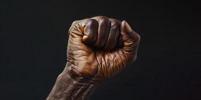 ai generado un foto exhibiendo un mans apretado puño en contra un rígido negro antecedentes. el imagen enfatiza fuerza, resiliencia, y determinación