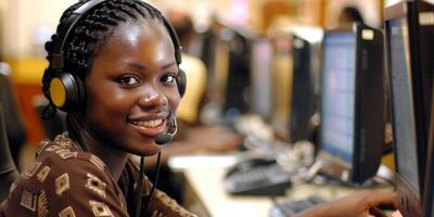 AI generated A woman with a smile on her face is wearing a headset while sitting in front of a computer, likely in a customer service setting. photo