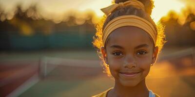 ai generado un joven niña soportes en un al aire libre tenis corte, participación un tenis raqueta y sonriente a el cámara. foto