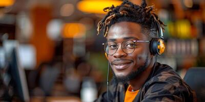 AI generated A man is shown wearing a headset and sitting in front of a computer. He appears focused and engaged, likely involved in customer service photo