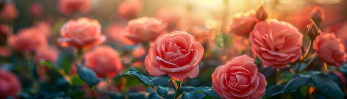 AI generated A bunch of pink roses is blooming in a sunlit greenhouse. The vibrant flowers are opening their petals and reaching towards the sunlight to grow and thrive photo