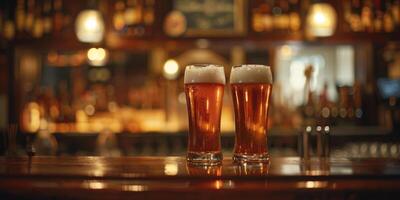 ai generado esta foto representa dos lentes de cerveza metido en parte superior de un bar encimera, capturar un celebración momento en un casual ajuste