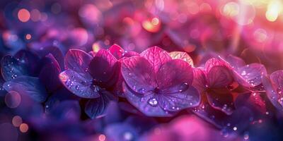 AI generated A macro shot captures the ethereal beauty of violet flower petals adorned with dewdrops, bathed in the soft glow of twilight, creating a dreamy, tranquil atmosphere photo