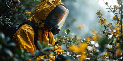 ai generado protector traje y planta pulverización trabajador en un protector traje diligentemente tendiendo a un jardín a amanecer foto