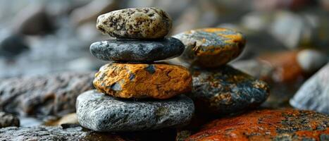 ai generado un cuidadosamente equilibrado apilar de variado piedras, simbolizando estabilidad y tranquilidad, en un áspero rocoso superficie foto