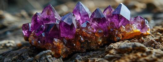 AI generated Lustrous raw amethyst crystal clusters nestled among rocks, displaying their natural purple splendor photo