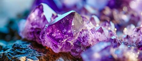 AI generated Detailed macro photography of deep purple amethyst crystal clusters with sharp edges and natural textures photo