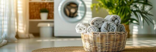 AI generated A stack of towels is neatly arranged on top of a wicker basket placed next to a washing machine in a cozy laundry room setting photo